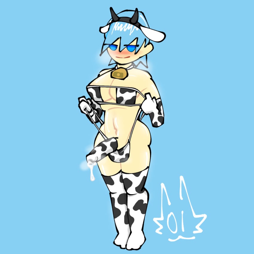 1futa 1futanari 5_sock_outfit blue_eyes blue_hair blush cow_bell cow_ears cow_ears_headband cow_headband cow_horns cow_horns_headband cow_pattern cow_print cow_print_armwear cow_print_bikini cow_print_gloves cow_print_legwear cow_print_thighhighs cum cum_drip cum_through cum_through_clothes cum_through_clothing dickgirl futanari half-closed_eyes headband intersex light-skinned_female light-skinned_futanari light_skin looking_at_viewer mostly_nude mostly_nude_futanari musk musk_clouds musky musky_cock oc original_character partially_clothed penis precum precum_drip self_upload short_hair smug solo solo_dickgirl solo_futa solo_futanari stage-01