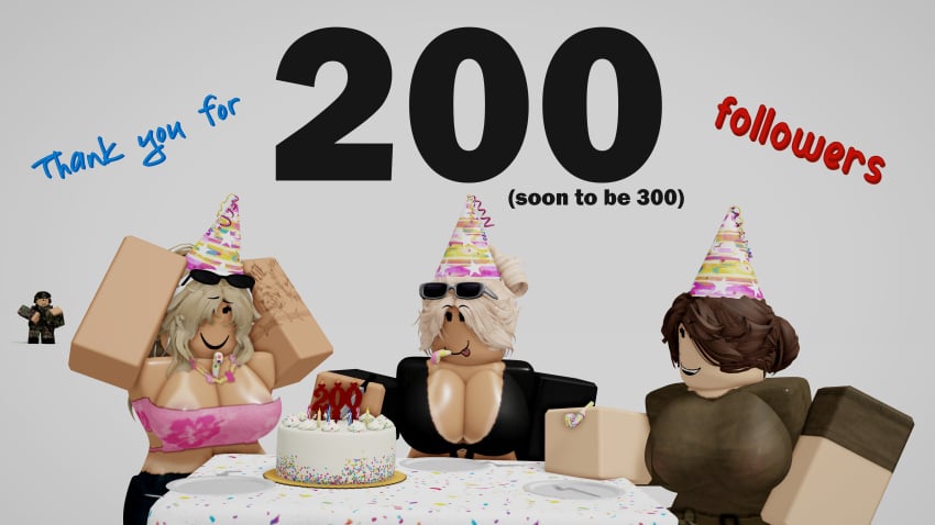 1boy 2024 3d 3girls :p background_character belly_button big_breasts blonde_hair breasts brown_hair cake candles cleavage clothed clothed_female clothing english_text female female_focus freckles fully_clothed fully_clothed_female hair_bun long_sleeves milestone_celebration military_clothing nipple_bulge nipples nipples_visible_through_clothing noisemaker pale-skinned_female pale_skin party_hat plates roblox robloxian shirt short_sleeves simple_background smile stomach sunglasses sunglasses_on_head t-shirt table tan-skinned_female tan_lines tan_skin tattoo tattooed_arm text tied_shirt tongue tongue_out tubetop vinarr34