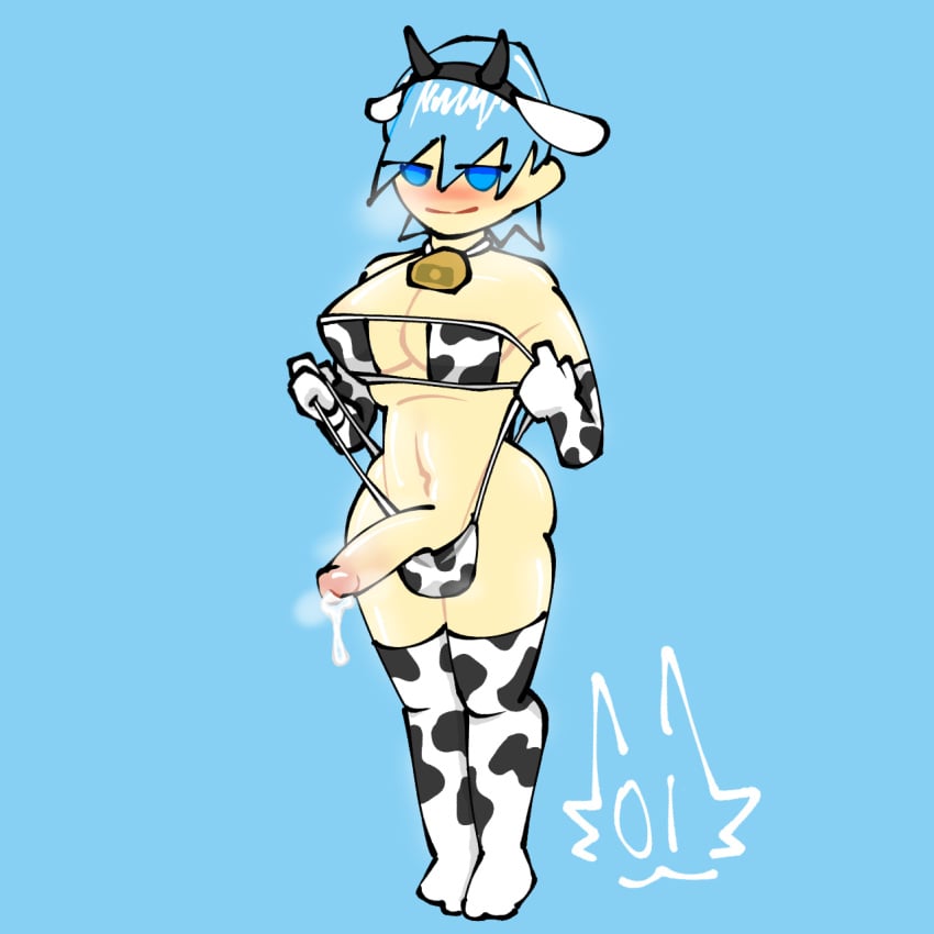 1futa 1futanari blue_eyes blue_hair blush cow_bell cow_ears cow_ears_headband cow_headband cow_horns cow_horns_headband cow_pattern cow_print cow_print_armwear cow_print_bikini cow_print_gloves cow_print_legwear cow_print_thighhighs cum cum_drip dickgirl futanari half-closed_eyes headband intersex light-skinned_female light-skinned_futanari light_skin looking_at_viewer mostly_nude mostly_nude_futanari musk musk_clouds musky musky_cock oc original_character partially_clothed penis precum precum_drip self_upload short_hair smug solo solo_dickgirl solo_futa solo_futanari stage-01