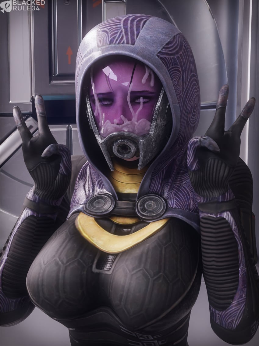 1girls 3d alien blackedr34 cum cum_on_helmet faceplate female helmet mask mass_effect quarian solo tali&#039;zorah_nar_rayya v_sign