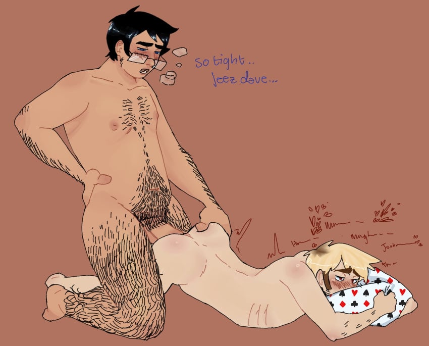 2boys anal anal_sex arm_hair black_hair black_hair_male blonde_hair blonde_hair blonde_hair blonde_hair blonde_hair_male body_hair chest_hair dave_strider dialogue gay hair hairy homestuck john_egbert leg_hair male male_focus male_only nude nude_male nudity penetration pillow pillow_grab sex short_hair short_hair_male text thiccsies tremble_lines tremble_spikes trembling yaoi