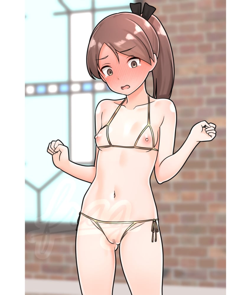 1girls ass_visible_through_thighs bikini black_bow blush bow breasts brick_wall brown_eyes brown_hair censored collarbone cowboy_shot crotchless crotchless_bikini cupless_bikini embarrassed female female_only full-face_blush furaggu_(frag_0416) gold_bikini hairbow halterneck highres indoors kantai_collection long_hair looking_down navel nipples open_mouth parted_bangs peanut_mouth petite ponytail pussy shikinami_(kantai_collection) side-tie_bikini_bottom small_breasts solo solo_female standing stomach string_bikini swimsuit tearing_up watermark wide-eyed window