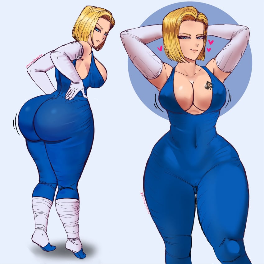 android_18 blonde_hair blue_eyes cheesecake_(artist) cuckold dragon_ball dragon_ball_super dragon_ball_z huge_ass interracial netorare ntr queen_of_spades tattoo teasing yoga_pants