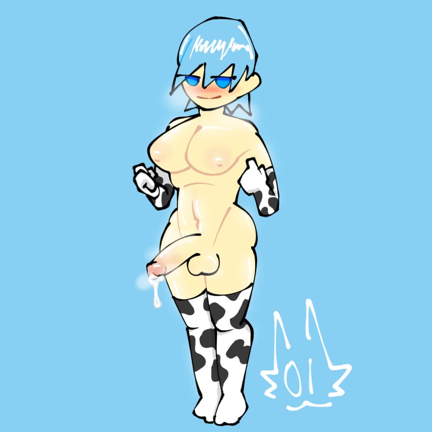 1futa 1futanari blue_eyes blue_hair blush cow_pattern cow_print cow_print_armwear cow_print_gloves cow_print_legwear cow_print_thighhighs cum cum_drip dickgirl futanari half-closed_eyes intersex light-skinned_female light-skinned_futanari light_skin looking_at_viewer musk musk_clouds musky musky_cock oc original_character penis precum precum_drip self_upload short_hair smug solo solo_dickgirl solo_futa solo_futanari stage-01