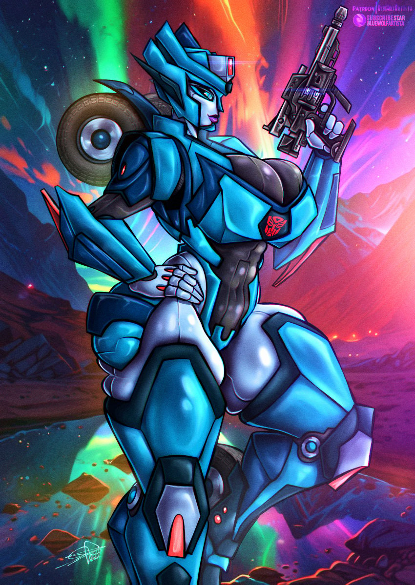 big_breasts blue_eyes bluewolfartista chromia fanart gun huge_breasts massive_breasts robot robot_girl sexy thick_thighs thighhighs thighs transformers