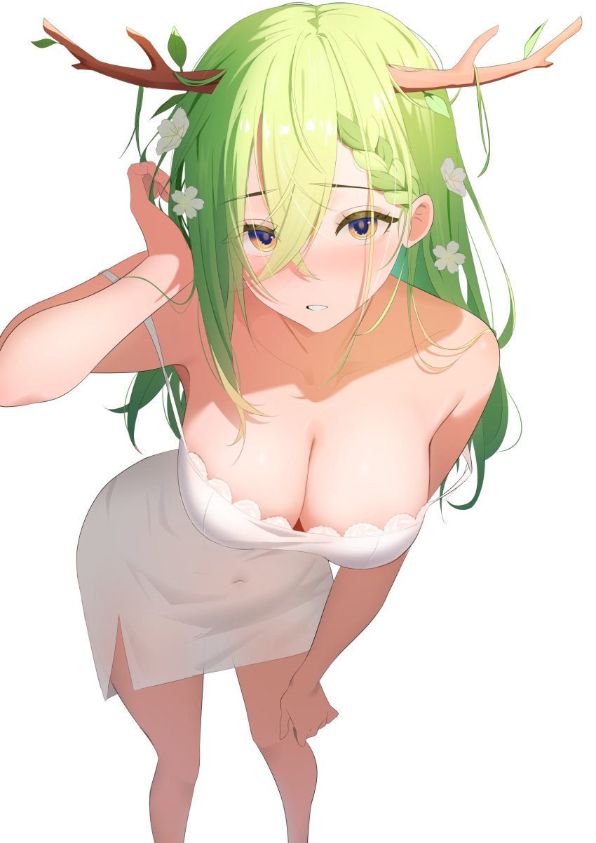 1girls adjusting_hair antlers bare_shoulders big_breasts blush breasts ceres_fauna cleavage collarbone dress eyelashes female female_only flowers_in_hair green_hair hair_between_eyes hand_on_knee highres hips hololive hololive_english hololive_english_-council- hololive_english_-promise- layunaart leaning_forward legs light-skinned_female light_skin long_hair looking_at_viewer messy_hair navel_visible_through_clothes parted_lips perspective pov solo strap_slip virtual_youtuber white_background white_dress yellow_eyes