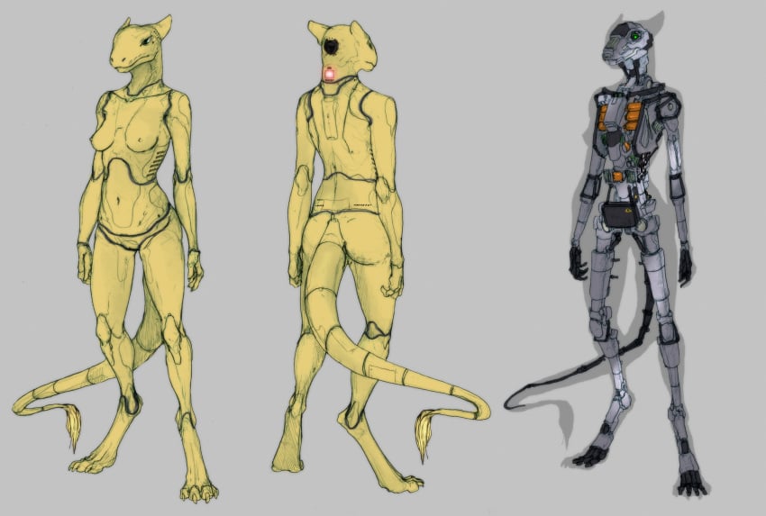 android breasts digitigrade fur hybrid hydraulics lethal_doors light long_tail machine metal model_sheet nude pussy python reptile robot scalie sergal snake tan_fur wires