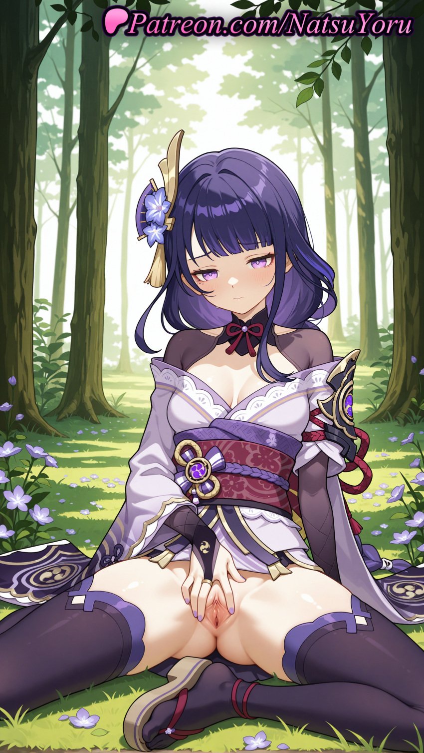 1girls ai_generated anime anime_style armor artist_name asian ass_visible_through_thighs asshole bangs black_thighhighs blunt_bangs blush braid braided_ponytail breasts bridal_gauntlets bust busty cleavage closed_mouth day feet female female_focus female_only flower foot_fetish forest genshin_impact grass hair_flower hair_ornament hentai hi_res high_quality high_resolution highres japanese_clothes kimono labia large_breasts long_hair long_sleeves looking_at_viewer medium_breasts mitsudomoe_(shape) mole mole_under_eye nail_polish natsuyoru nature no_panties obi obiage obijime off_shoulder outdoors patreon purple_eyes purple_flower purple_hair purple_kimono purple_nails purple_thighhighs pussy raiden_shogun sandals sash short_kimono shrug_(clothing) sitting solo solo_female spread_legs spread_pussy tassel thighhighs thighs tomoe_(symbol) tree uncensored vagina very_long_hair vision_(genshin_impact) voluptuous voluptuous_female wafuku wide_sleeves