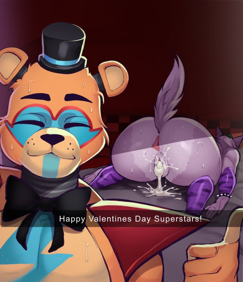 1boy 1girls after_sex anthro anthro_on_anthro ass breasts cum cum_in_pussy english_text female five_nights_at_freddy's five_nights_at_freddy's:_security_breach foxy_(fnaf) freddy_(fnaf) from_behind glamrock_freddy_(fnaf) large_ass large_breasts maimeetung roxanne_wolf_(fnaf) straight text thick_thighs thighs wide_hips