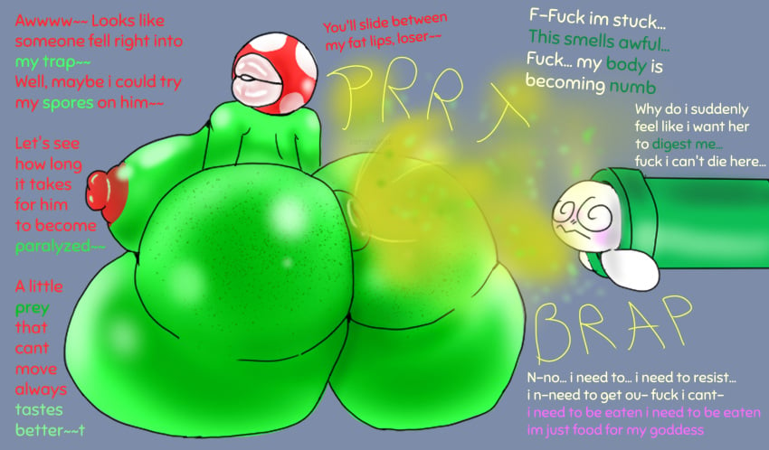 anthrofied fart fart_cloud fart_fetish farting farting_in_face farting_on_face farts green_body huge_ass huge_breasts mario_(series) mario_and_luigi_(series) piranha_plant piranha_plant_girl spores tagme text vore what zeraniumz