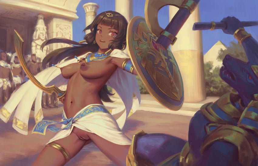 armlet bigrbear breasts cleft_of_venus dark-skinned_female dark_skin female highres holding holding_shield holding_sword holding_weapon jewelry medium_breasts nipple_piercing nipples original outdoors piercing pussy shield sword uncensored usekh_collar weapon