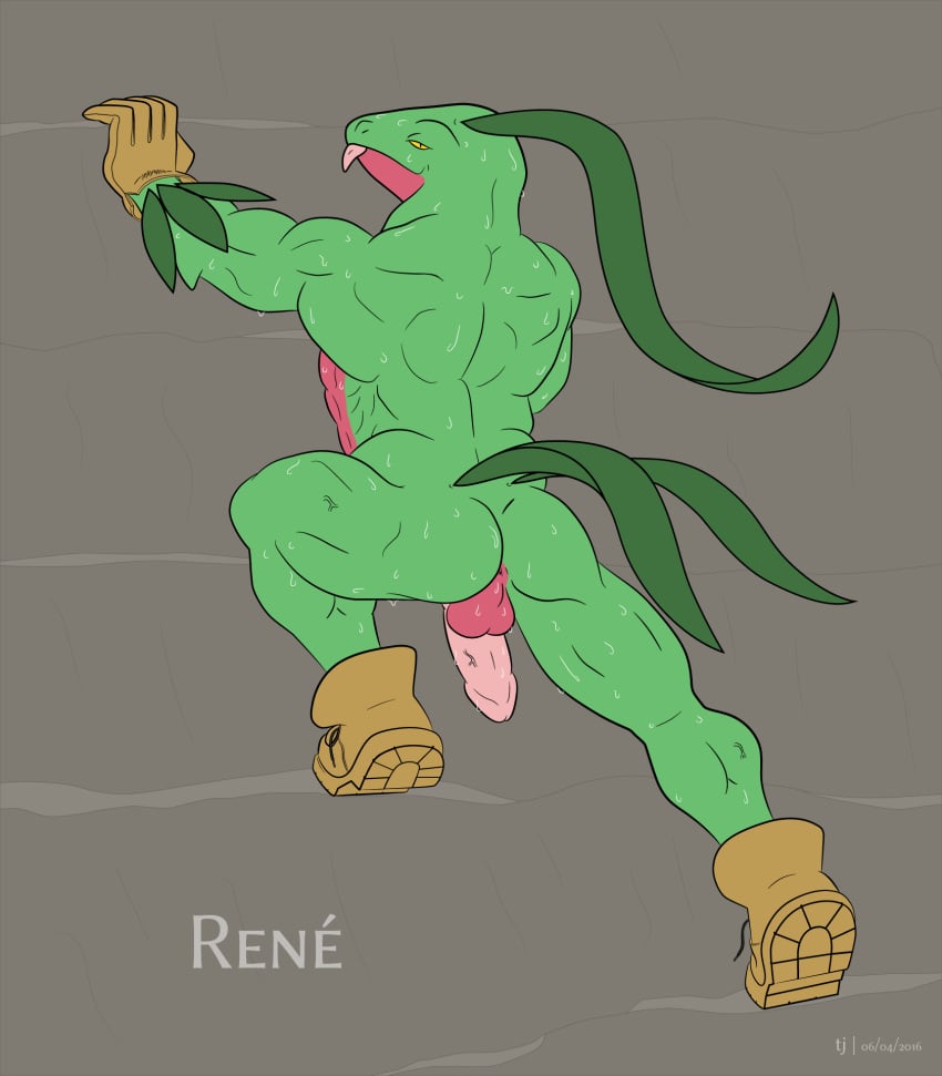 1boy 2016 anthro anus ass back_view backsack balls biceps boots climbing clothes dirt dust flat_colors footwear gardener gloves grovyle highres ink leather leaves looking_at_viewer looking_back male male_only muscles nintendo nude original_character penis perineum pokemon pokemorph rene_(tjdolphin) rock simple_background solo sweat tjdolphin unfinished vein yellow_sclera