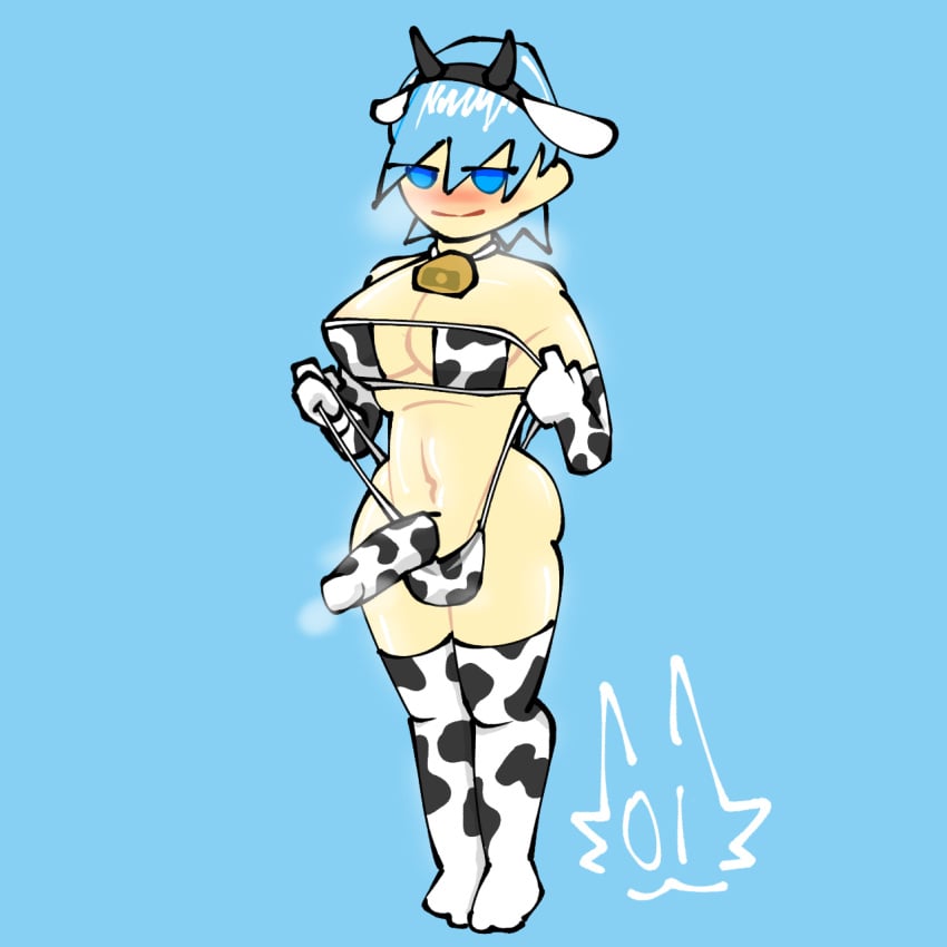 1futa 1futanari 5_sock_outfit blue_eyes blue_hair blush cow_bell cow_ears cow_ears_headband cow_headband cow_horns cow_horns_headband cow_pattern cow_print cow_print_armwear cow_print_bikini cow_print_gloves cow_print_legwear cow_print_thighhighs dickgirl futanari half-closed_eyes headband intersex light-skinned_female light-skinned_futanari light_skin looking_at_viewer mostly_nude mostly_nude_futanari musk musk_clouds musky musky_cock oc original_character partially_clothed penis self_upload short_hair smug solo solo_dickgirl solo_futa solo_futanari stage-01