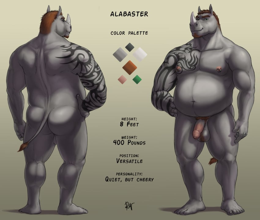 1boy 2016 5_toes alabaster anthro balls beard belly biceps big_belly brown_hair english_text facial_hair flaccid gradient_background grey_skin hair hand_on_hip hi_res horn humanoid_penis looking_at_viewer male male_only mammal model_sheet muscular muscular_male navel nipple_piercing nipples nude pecs penis piercing pointy_ears pubes rhinoceros rov shadow signature simple_background slightly_chubby smile solo standing tail_tuft tattoo text toes tuft uncut