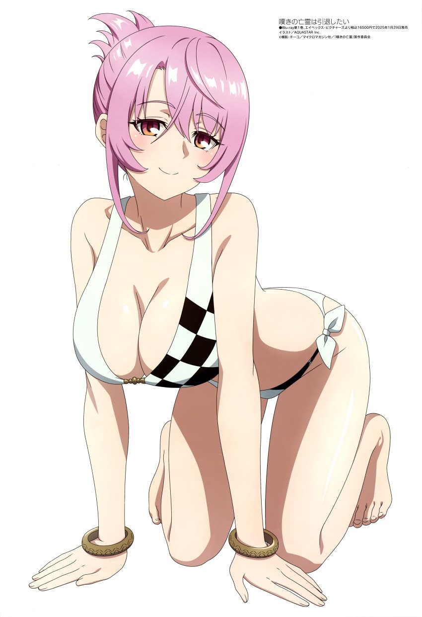 1girls absurdres all_fours bare_shoulders bent_over bikini breasts checkered_bikini checkered_clothes cleavage collarbone folded_ponytail half-closed_eyes highres large_breasts looking_at_viewer magazine_scan megami_magazine nageki_no_bourei_wa_intaishitai official_art pink_hair scan seductive_gaze seductive_smile side-tie_bikini_bottom sidelocks simple_background sitri_smart smile solo swimsuit thighs white_background white_bikini