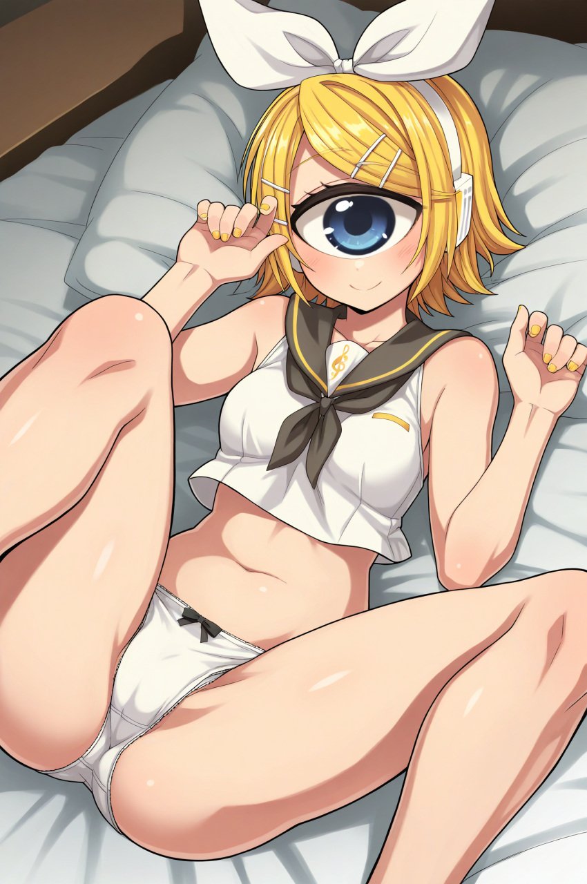 1girl ai_generated bed blonde_hair blush breasts crop_top cyclops female hairpin happy kagamine_rin open_legs panties room short_hair smile vocaloid white_bow white_hair_bow white_panties