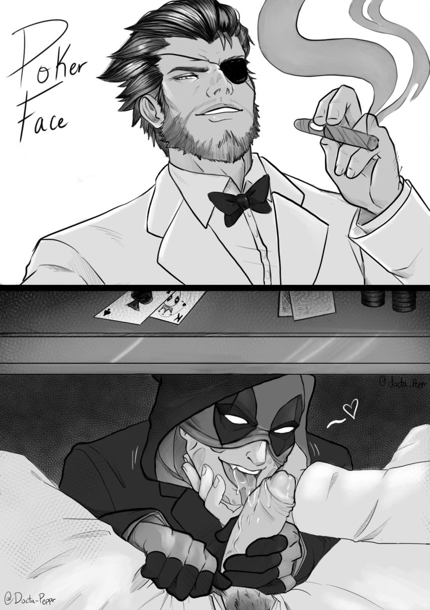 balls bara body_hair boner deadpool deadpool_&_wolverine_(2024) docta_peppr erection gay james_howlett licking_penis male male_only marvel marvel_comics monochrome muscles muscular patch_(wolverine) penis sideburns under_the_table wade_wilson wolverine_(x-men) x-men