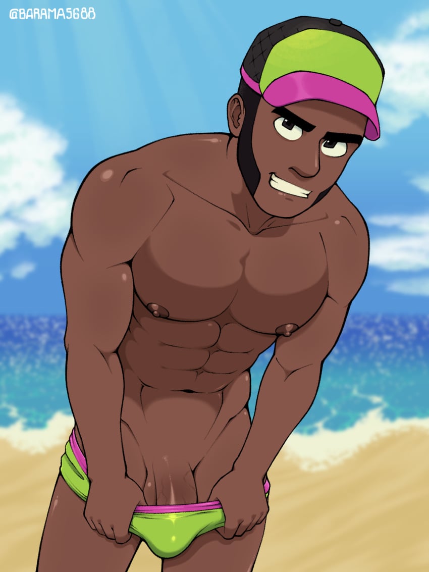 1boy abs artist_name balls bara barama5688 beach black_penis brawl_stars brock_(brawl_stars) cap dark-skinned_male dark_skin erect_nipples gay looking_at_viewer male male_only nipples nude penis solo solo_male tagme underwear underwear_down undressing water