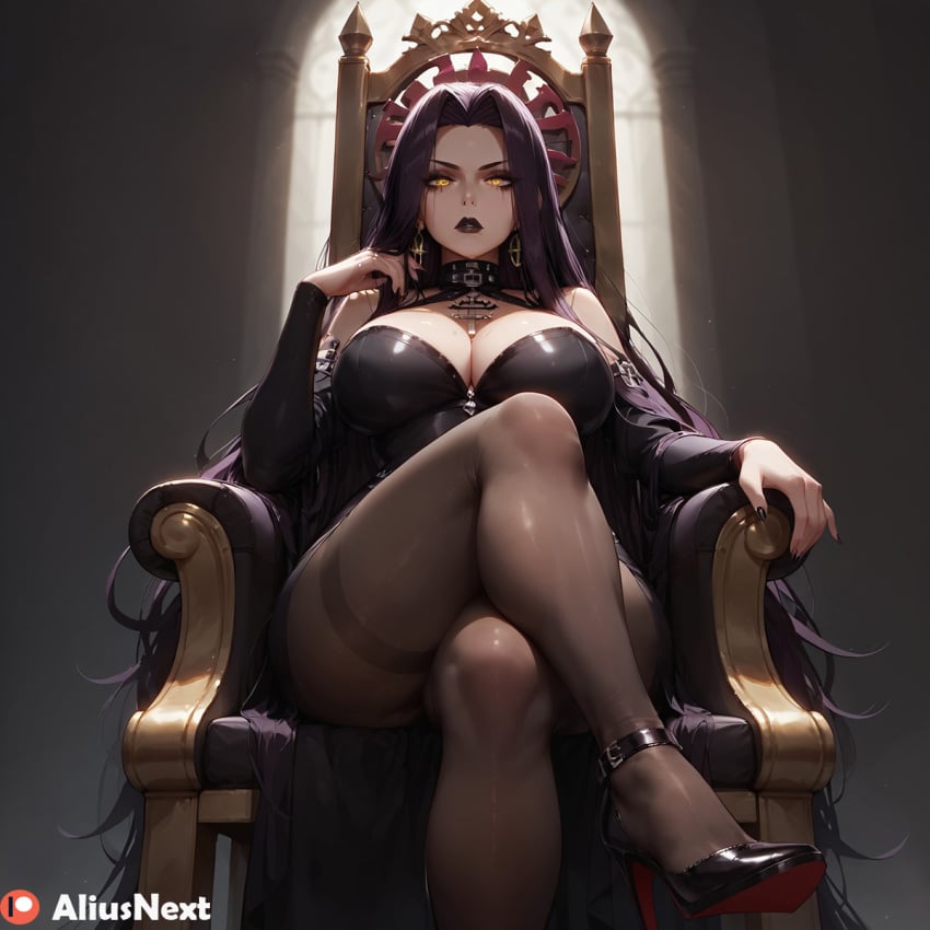 1girls ai_generated aliusnext black_hair black_legwear black_lipstick commission commissioner_upload crossed_legs dark_purple_hair dominant_female dominatrix dominatrix_outfit female glowing_eyes goth goth_girl heels heels_fetish high_quality high_resolution highres light-skinned_female lipstick mature_female mommy mommy_dom mommy_kink oc original original_character original_characters pantyhose patreon tagme tall_female throne yellow_eyes