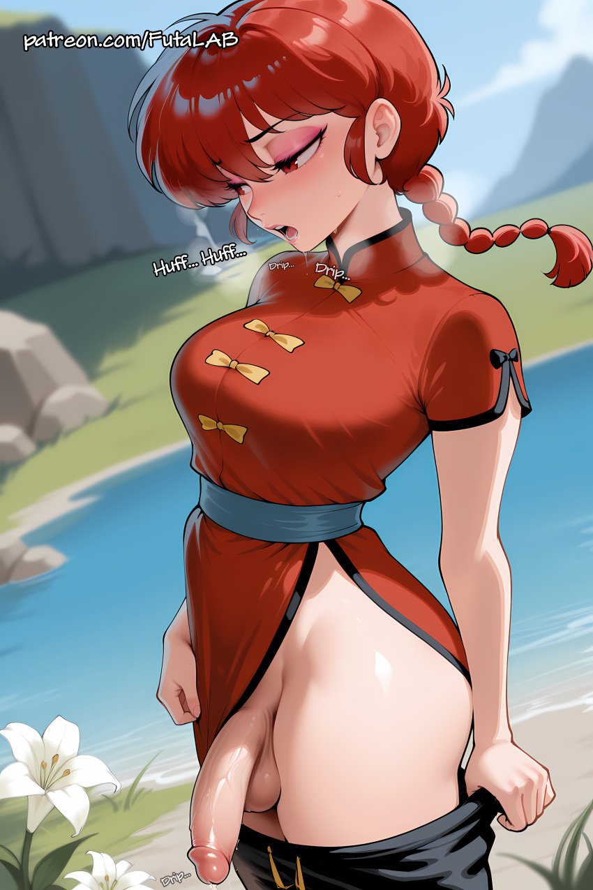 ai_generated artist_name blush braid braided_ponytail breasts chinese_clothes clothes_pull clothing cowboy_shot day erection eyeshadow flower foreskin futanari half-closed_eyes large_breasts lily_\(flower\) long_hair makeup open_mouth outdoors pants pants_pull patreon_username penis ranma_1/2 ranma_saotome red_eyes red_hair short_sleeves solo solo_futa tangzhuang testicles uncensored water web_address white_flower