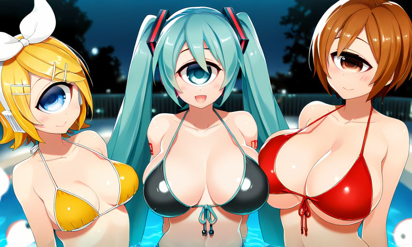 3girls ai_generated blonde_hair blue blue_bikini blue_hair blush breasts brown_hair cyclops female hairpin happy hatsune_miku huge_breasts kagamine_rin meiko monster_girl multiple_girls night ponytail pool red_bikini vocaloid yellow_bikini