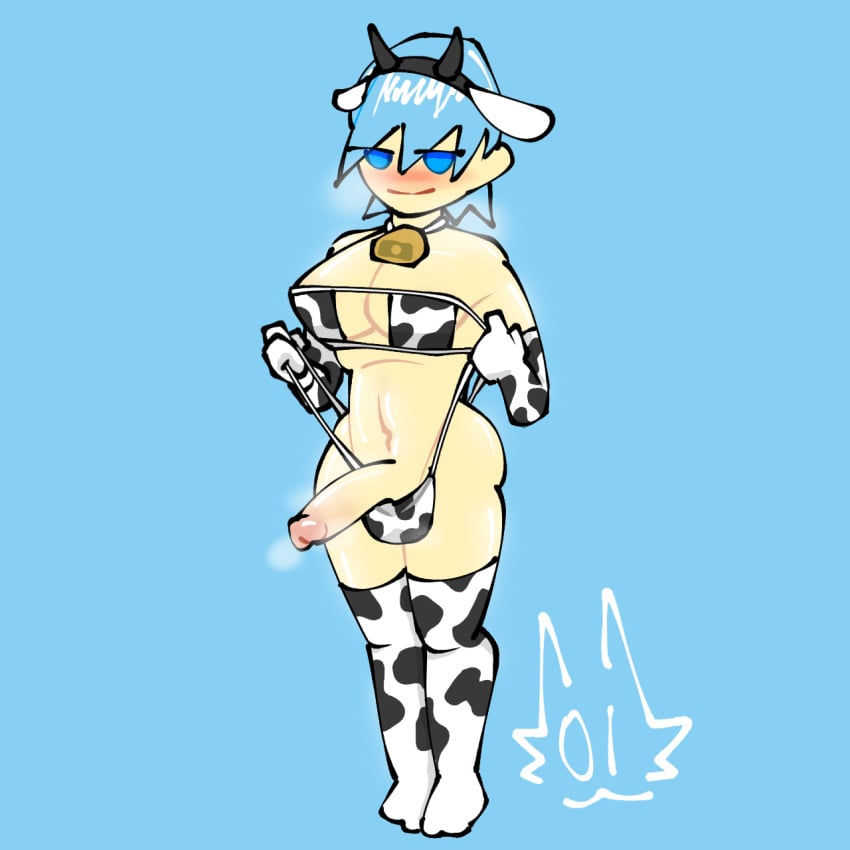 1futa 1futanari blue_eyes blue_hair blush cow_bell cow_ears cow_ears_headband cow_headband cow_horns cow_horns_headband cow_pattern cow_print cow_print_armwear cow_print_bikini cow_print_gloves cow_print_legwear cow_print_thighhighs dickgirl futanari half-closed_eyes headband intersex light-skinned_female light-skinned_futanari light_skin looking_at_viewer mostly_nude mostly_nude_futanari musk musk_clouds musky musky_cock oc original_character partially_clothed penis self_upload short_hair smug solo solo_dickgirl solo_futa solo_futanari stage-01