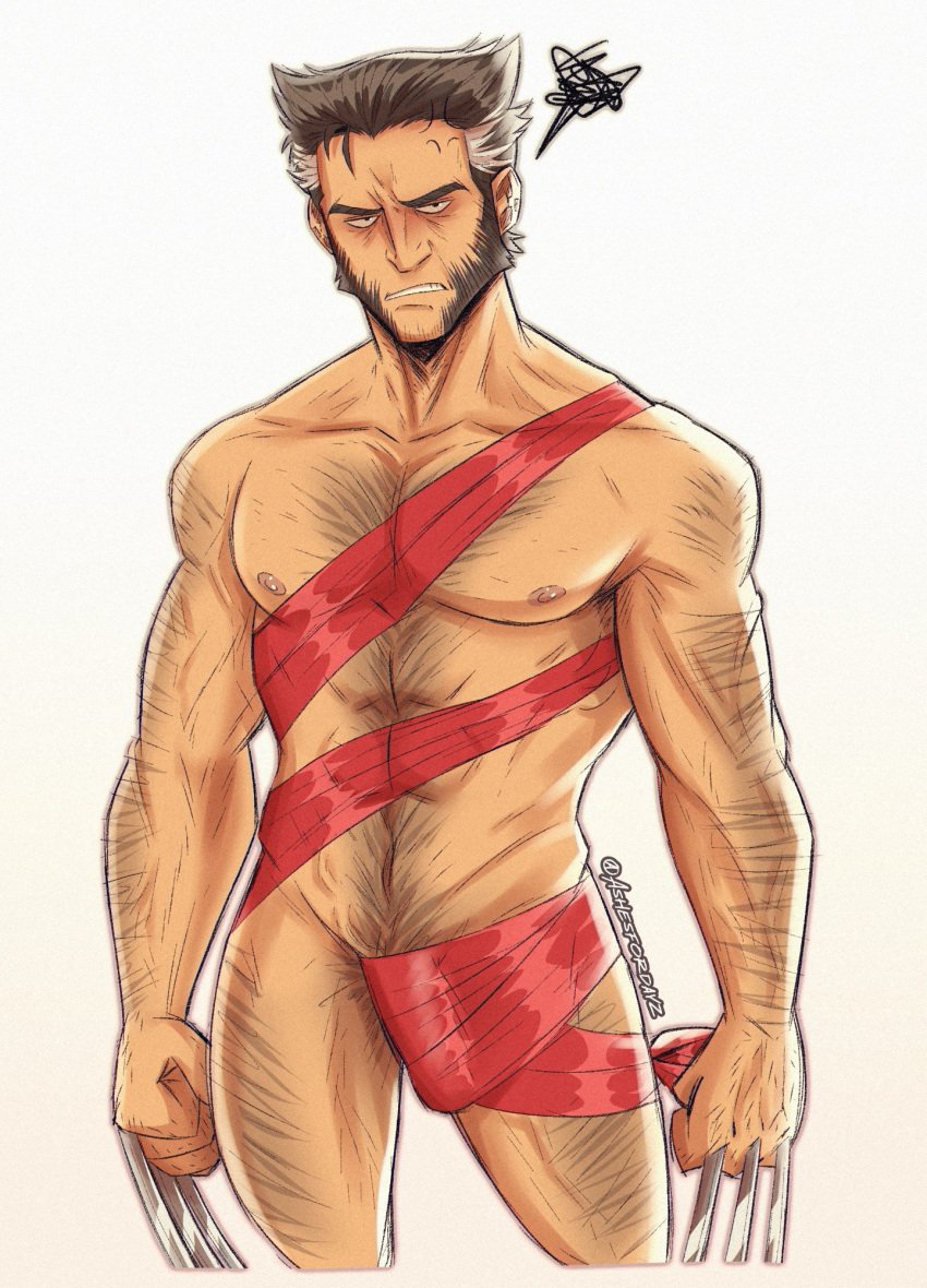 ashesfordayz balls bara body_hair bulge flaccid james_howlett male male_only marvel marvel_comics muscles muscular nude_guy_wrapped_in_ribbons_standing_(meme) penis ribbon sideburns solo solo_male wolverine_(x-men) x-men