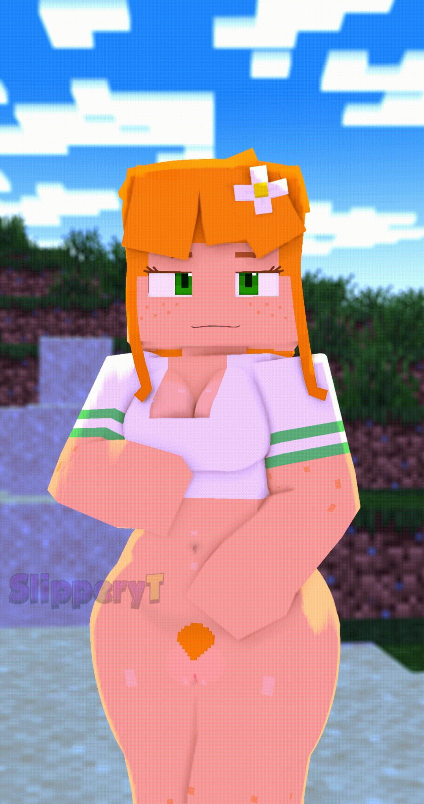 1girls 3d amber_green_(slipperyt) animated animated_gif bouncing_breasts flashing flashing_breasts freckles mine-imator minecraft pantless pubic_hair pussy red_hair showing_breasts slipperyt