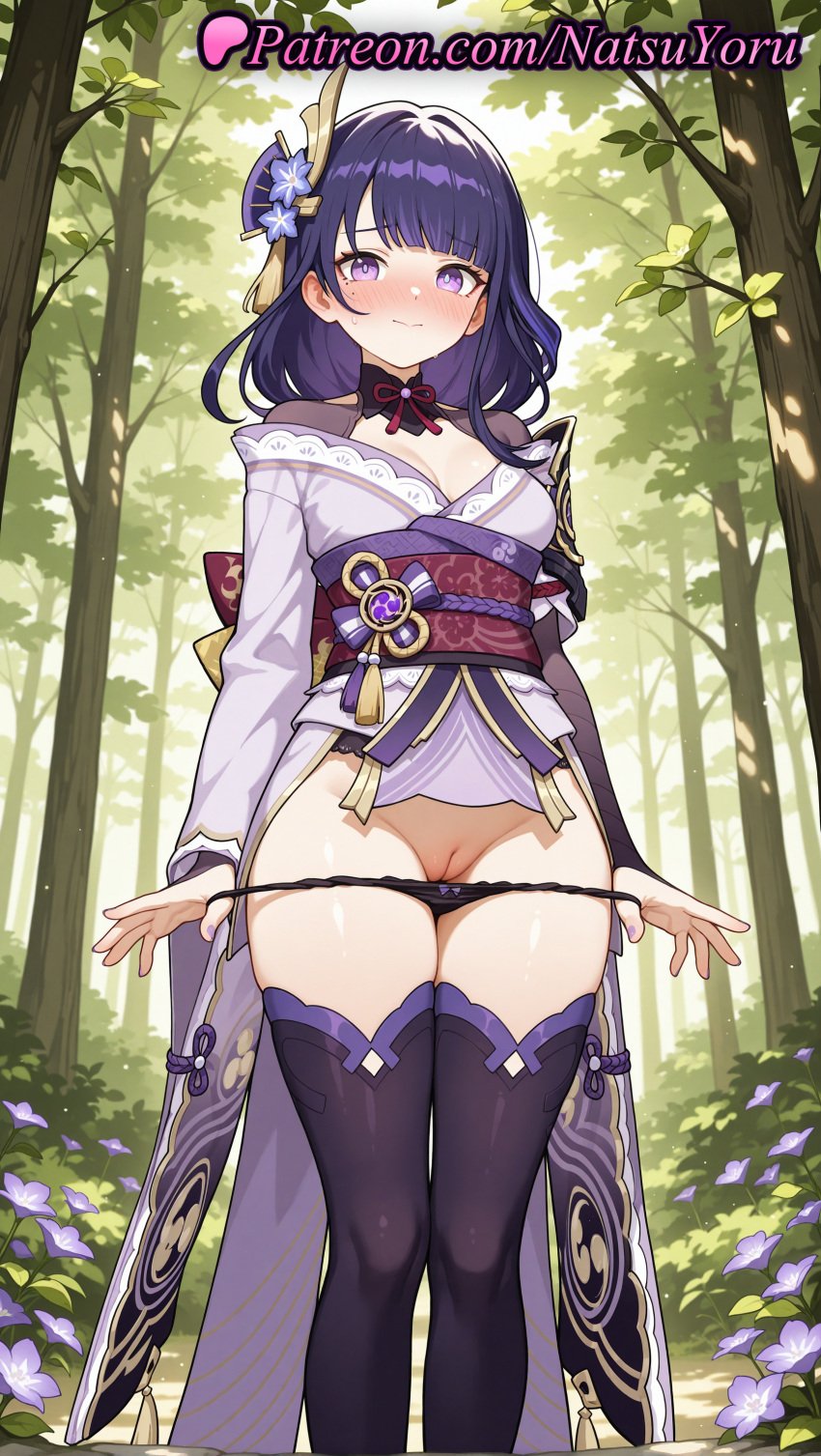 1girls ai_generated anime anime_style armor bangs black_panties black_thighhighs blunt_bangs blush bow bow_panties braid braided_ponytail breasts bridal_gauntlets bust busty cleavage cleft_of_venus closed_mouth day feet_out_of_frame female female_focus female_only flower flowers forest genshin_impact hair_flower hair_ornament hi_res high_quality high_resolution highres japanese_clothes kimono large_breasts long_hair long_sleeves looking_at_viewer medium_breasts mitsudomoe_(shape) mole mole_under_eye nail_polish natsuyoru nature nose_blush obi obiage obijime off_shoulder outdoors panties pantsu panty_pull patreon pulled_by_self purple_eyes purple_flower purple_hair purple_kimono purple_nails purple_thighhighs pussy pussy_peek raiden_shogun sash shoulder_armor shrug_(clothing) smile solo solo_female standing tassel thighhighs thighs tomoe_(symbol) tree uncensored underwear undressing vagina vision_(genshin_impact) voluptuous voluptuous_female wafuku wide_sleeves