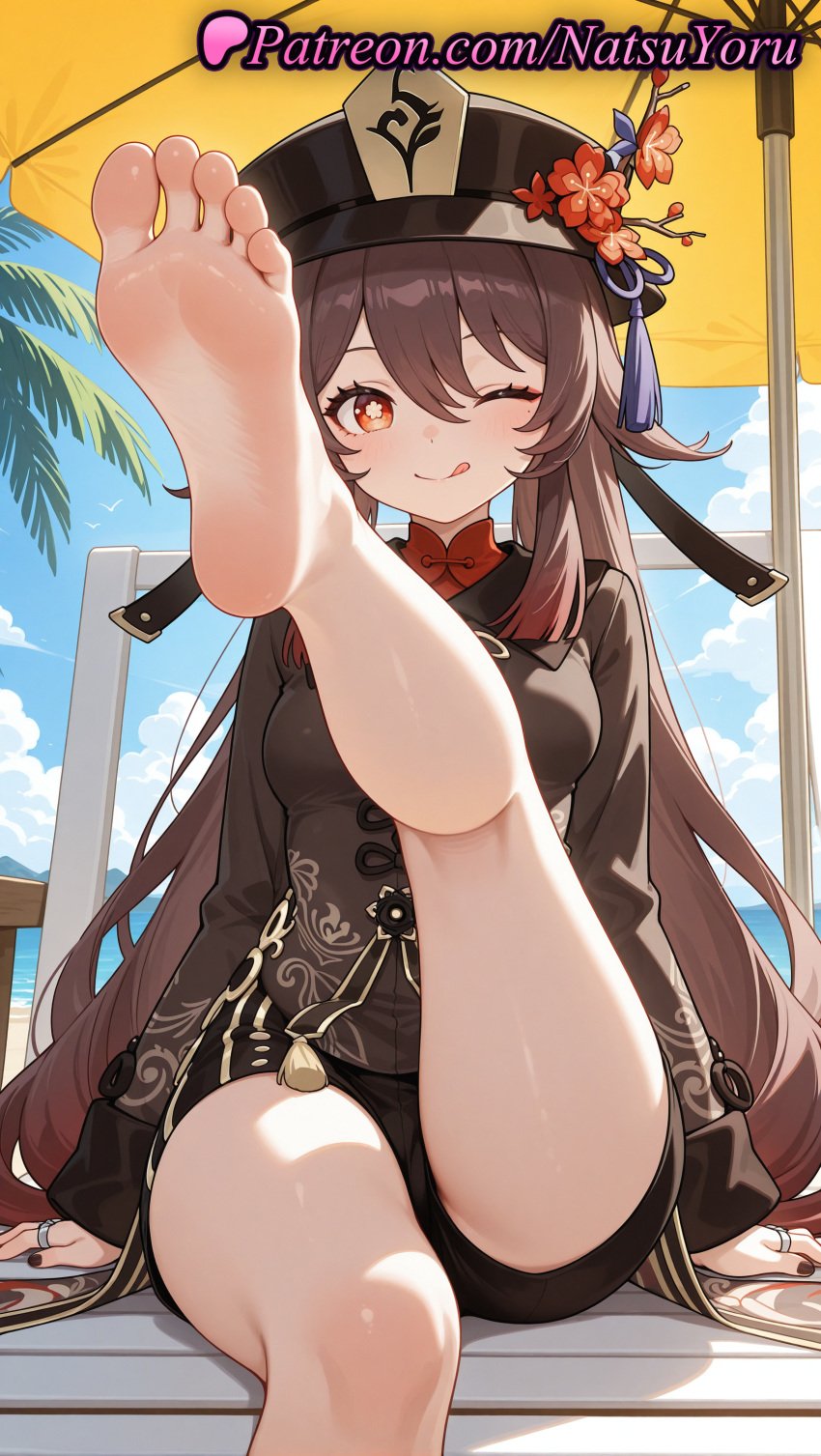 1girls ai_generated anime anime_style asian bangs bare_legs barefoot beach beach_umbrella black_hair black_headwear black_nails black_shorts blush breasts brown_hair bust busty chinese_clothes coattails feet female female_focus female_only fetish flower flower-shaped_pupils flowers foot_fetish foot_focus foot_out_of_frame foreshortening genshin_impact hair_between_eyes hat hat_flower hentai hi_res high_quality high_resolution highres hu_tao_(genshin_impact) indoors jewelry leg_up legs legs_up light-skinned_female lipstick long_hair long_sleeves looking_at_viewer medium_breasts multiple_rings nail_polish natsuyoru ocean one_eye_closed outdoors pale_skin patreon plum_blossoms porkpie_hat pov_feet presenting_foot red_eyes ring shirt short_shorts shorts sitting sky small_breasts smile soles solo solo_female symbol-shaped_pupils tassel thighs toenails toes tongue tongue_out twintails umbrella very_long_hair voluptuous voluptuous_female