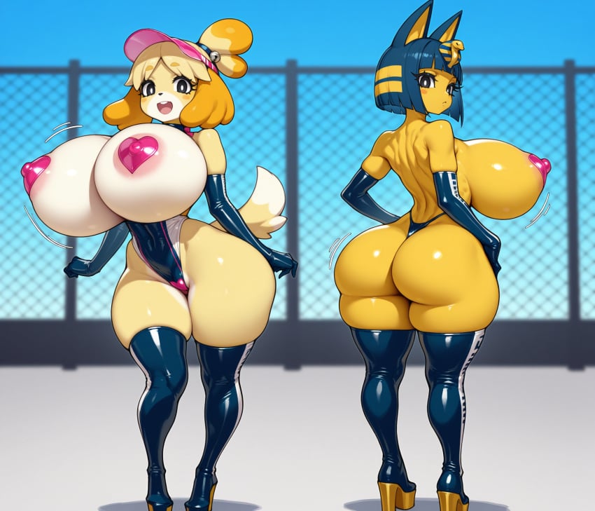 2girls ai_generated animal_crossing ankha anthro areola_slip asymmetrical_docking bimbo breasts cat_ears covered_nipples elbow_gloves erect_nipples gigantic_breasts heart_pasties huge_ass huge_breasts isabelle_(animal_crossing) latex nintendo otace outdoors pasties pink_outfit race_queen sideless_outfit slim_waist thick_thighs thighhighs thong toned_female umbrella