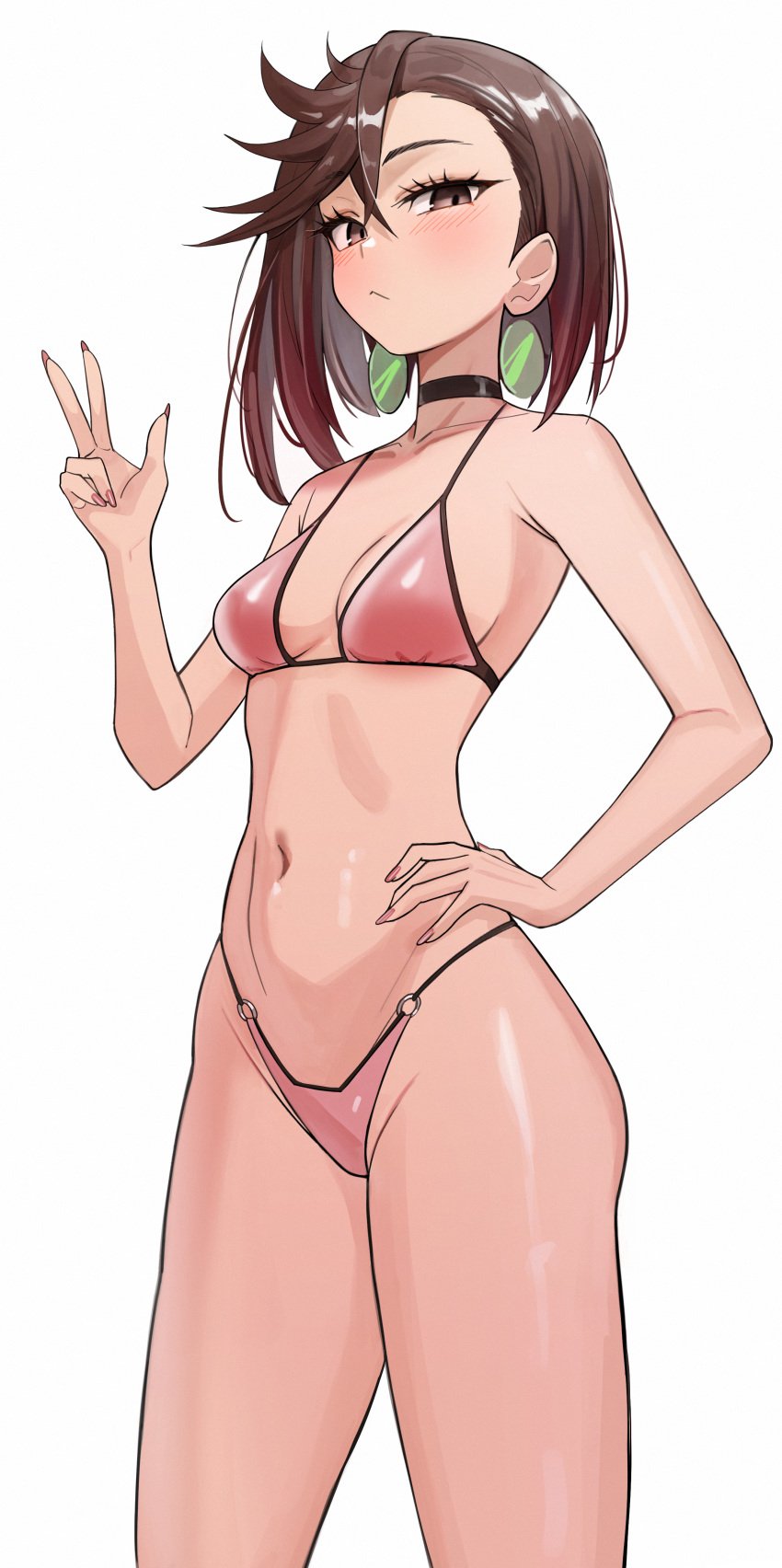 1girls ayase_momo blush brown_eyes brown_hair choker dandadan earrings female kiritzugu nail_polish peace_sign pink_nails pink_underwear sharp_fingernails short_hair solo solo_female underwear