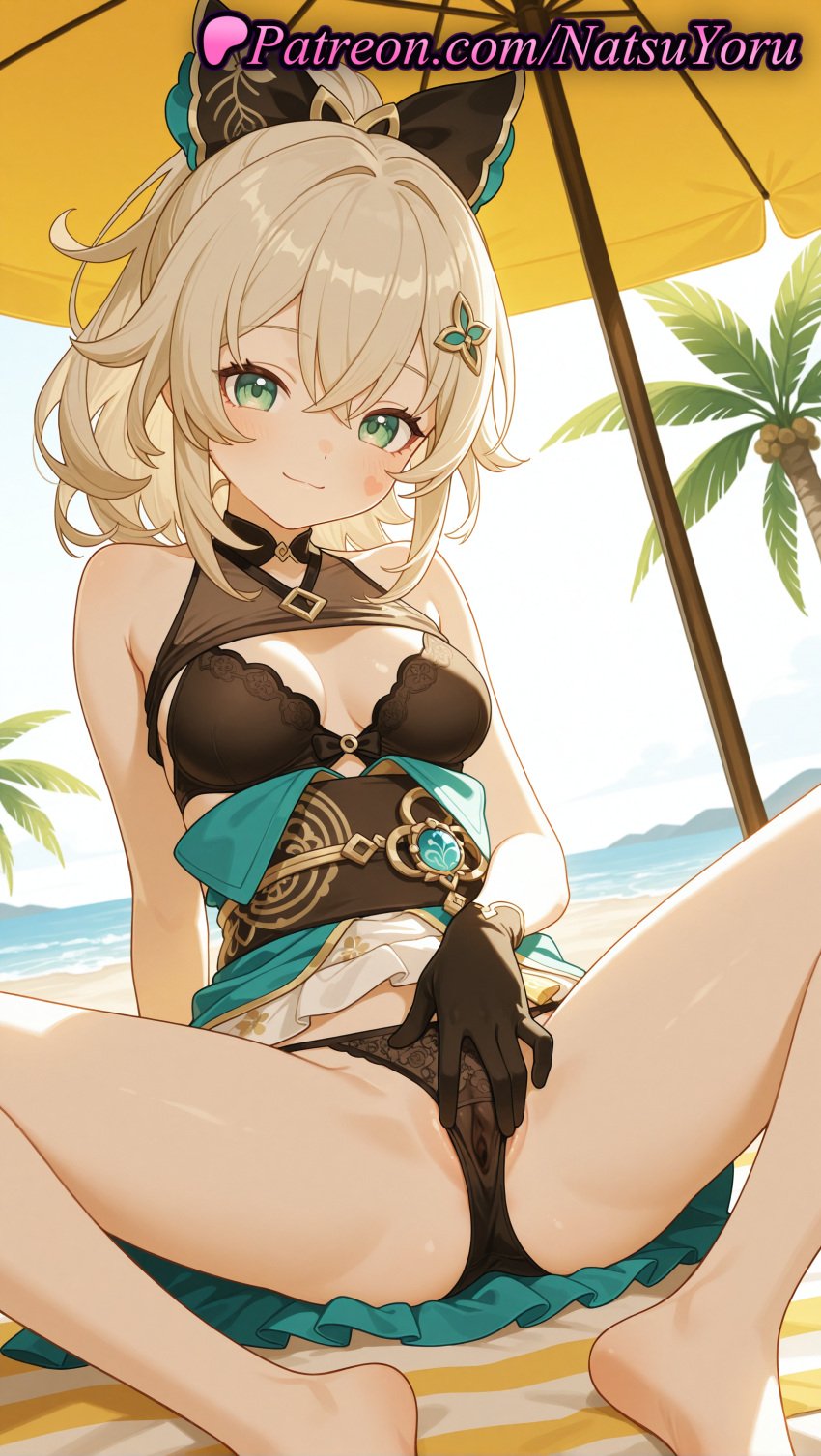 1girls ai_generated animal_ears anime anime_style asian bangs bare_arms bare_legs bare_shoulders barefoot beach beach_towel beach_umbrella black_bra black_gloves black_panties blonde_hair blush bow bra breasts bust busty cat_ears cleavage closed_mouth clothes_lift crossed_bangs day dress feet female female_focus female_only foot_fetish genshin_impact gloves green_eyes hair_between_eyes hair_ornament hairbow hairclip hentai hi_res high_quality high_resolution highres kirara_(genshin_impact) labia leaning_back legs long_hair looking_at_viewer medium_breasts medium_hair natsuyoru ocean outdoors palm_tree panties pantsu patreon ponytail pussy sitting skirt skirt_lift sleeveless smile solo solo_female spread_legs spread_pussy spread_pussy_under_clothes swimsuit thighs toes tree umbrella underwear vision_(genshin_impact) voluptuous voluptuous_female