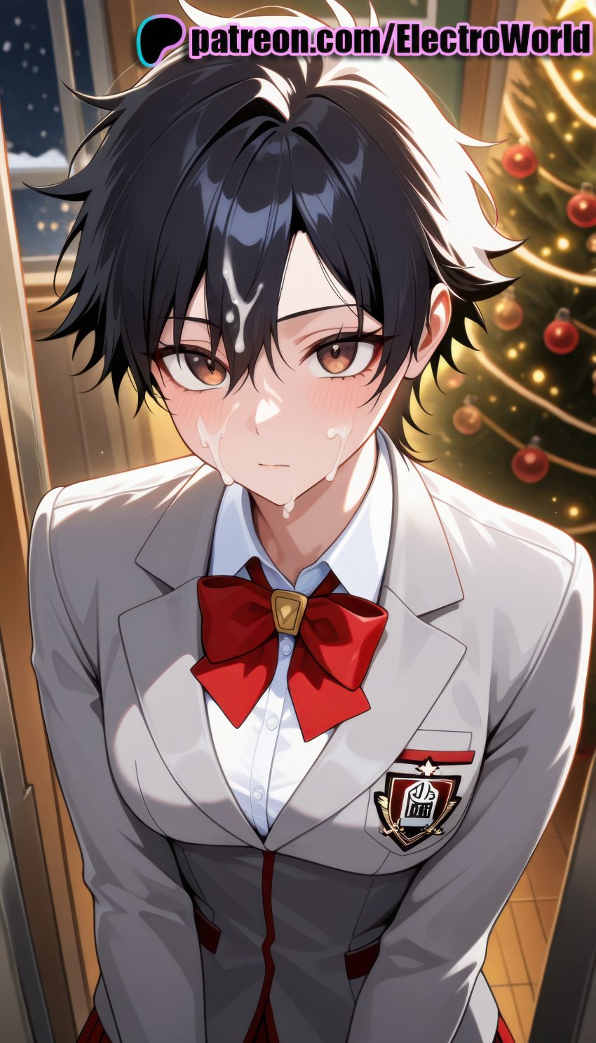 1boy 1girls 2025 ai ai_assisted ai_generated anime anime_girl anime_style arisawa_tatsuki artist_name black_hair bleach blush bow bowtie brown_eyes christmas_tree cum cum_on_body cum_on_boy cum_on_breasts cum_on_clothes cum_on_hair electroworld facial female hi_res high_quality high_resolution highres looking_at_viewer male_focus patreon patreon_username red_bow school_uniform shirt short_hair solo stable_diffusion tatsuki_arisawa watermark