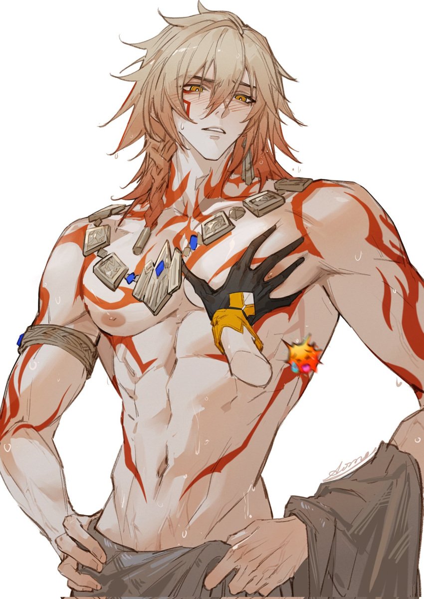 1boy abs aoma_xzxx arm_tattoo chest_tattoo facial_tattoo gold_earrings gold_jewelry gold_necklace honkai:_star_rail honkai_(series) muscles muscular_male mydei_(honkai:_star_rail) red_tattoo tattoo toned_male towel towel_around_waist veins