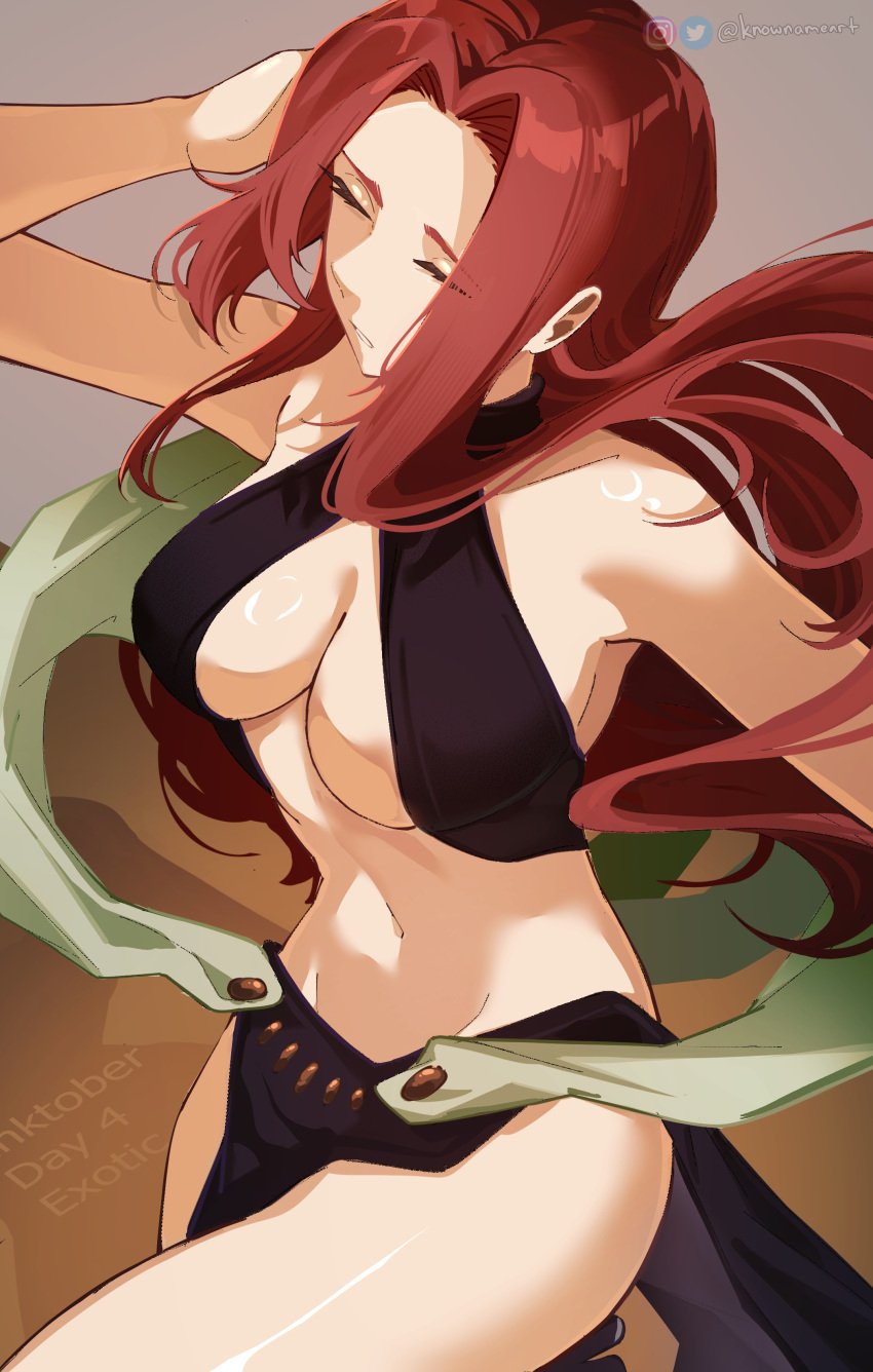 1girls breasts closed_eyes dancing esche_(isekai_shikkaku) isekai_shikkaku knowname large_breasts long_hair navel pelvic_curtain red_hair revealing_clothes solo underboob