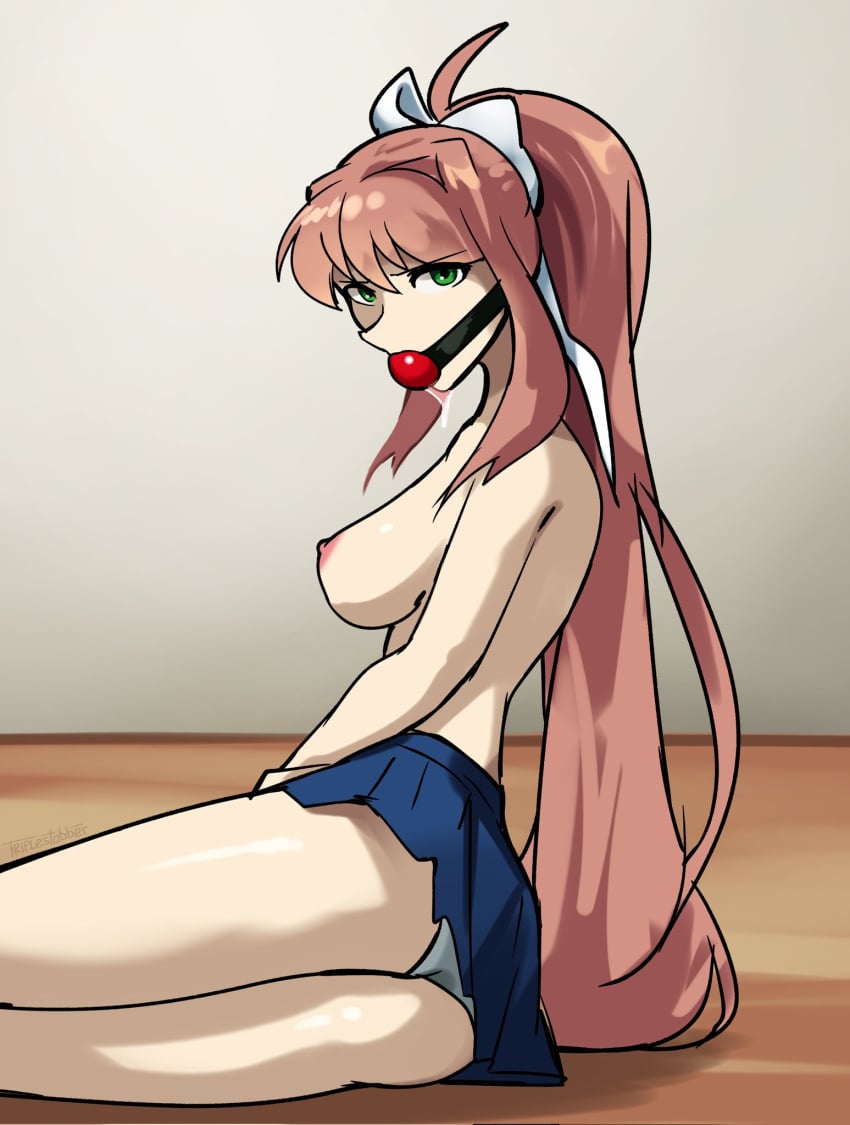 1girls ball_gag breasts doki_doki_literature_club drool drooling gag green_eyes hair_ribbon light_brown_hair long_hair looking_at_viewer monika_(doki_doki_literature_club) panties ponytail skirt solo triplestabber upskirt