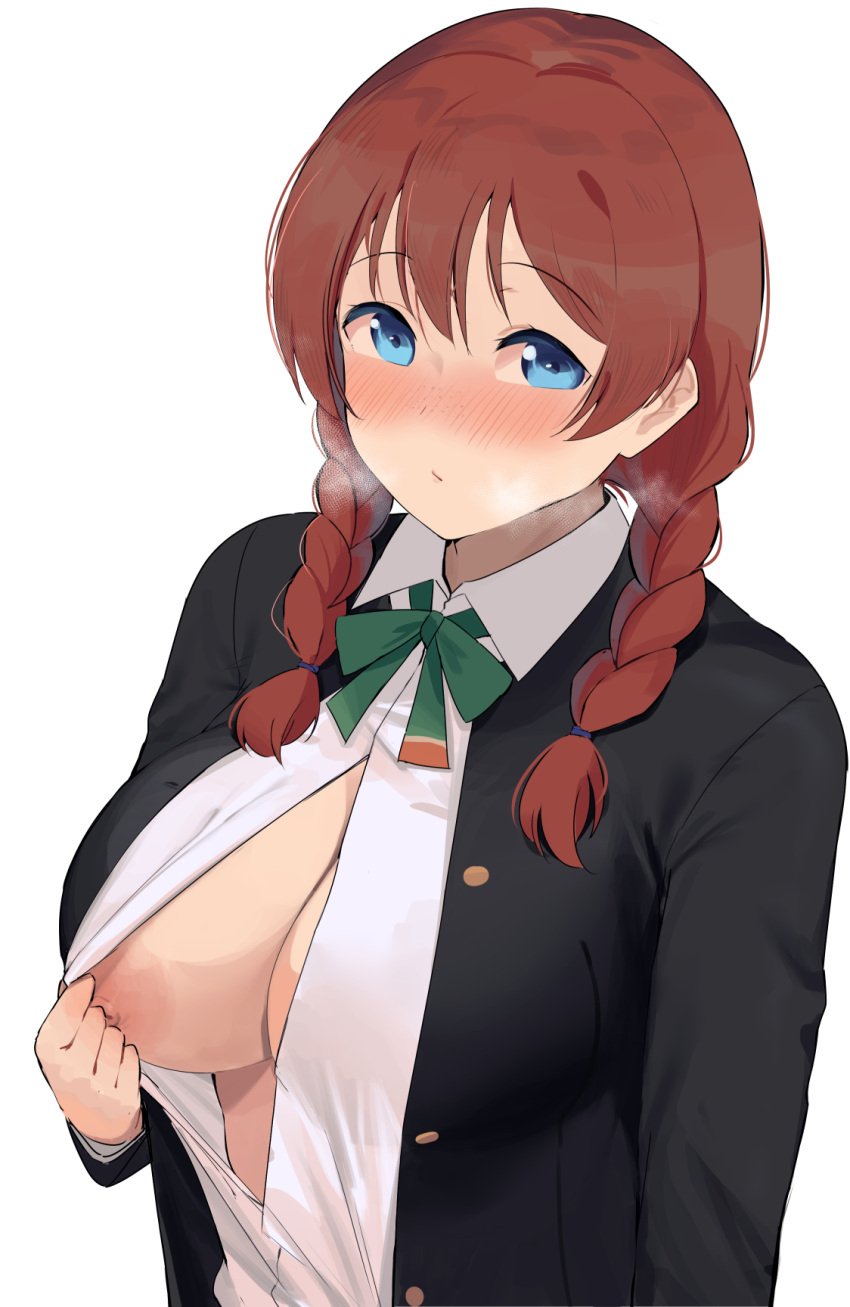 10s 1girls black_jacket blue_eyes blush braid breasts brown_hair closed_mouth collared_shirt dress_shirt emma_verde flashing green_neckwear grey_background highres jacket large_breasts long_hair looking_at_viewer love_live! love_live!_nijigasaki_high_school_idol_club nijigasaki_school_uniform nipples no_bra okpriko open_clothes open_jacket open_shirt red_head school_uniform shirt simple_background solo twin_braids unbuttoned white_shirt wing_collar