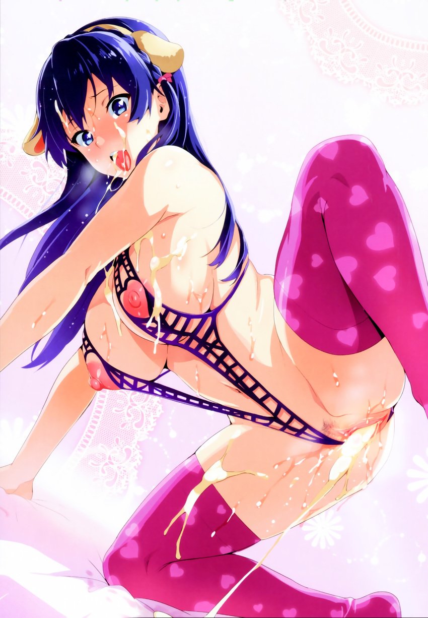 1girls absurdres animal_ears artist_name between_labia bikini blue_bikini blue_eyes blue_hair blush braid breasts cum cumdrip dog_ears dokidoki!_precure facial fake_animal_ears female hair_ribbon heart heart-shaped_pupils heart_cutout heart_print highres hishikawa_rikka large_breasts long_hair nipple_cutout nipples open_mouth pink_legwear precure pretty_cure pubic_hair pussy pussy_juice ribbon scan sling_bikini sling_bikini_aside smile solo spread_legs stockings swimsuit symbol-shaped_pupils takeda_hiromitsu thighhighs tied_hair tongue tongue_out