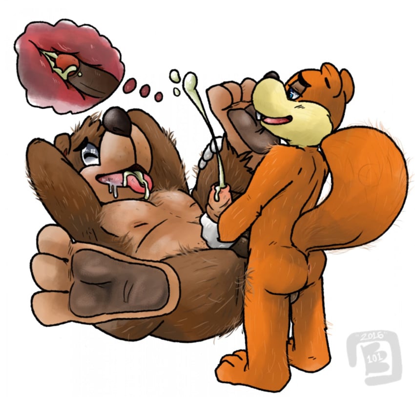 anal anal_sex anthro anus ass backsack balls banjo-kazooie banjo_(banjo-kazooie) bear blue_eyes bowserboy101 brown_fur conker conker's_bad_fur_day crossover cum cum_in_foreskin cum_in_mouth cum_inside cum_on_face cumshot duo erection fur hair internal male male_only mammal nude open_mouth orgasm penetration penis sex simple_background size_difference video_games yaoi