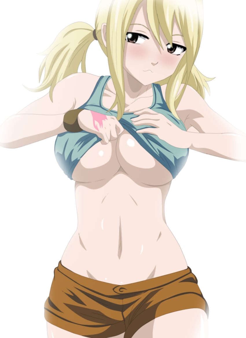 fairy_tail female_only kunaixx lucy_heartfilia pointy_chin shorts solo underboob