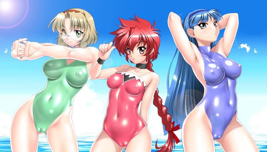 2016 3girls armpits arms_behind_head arms_up ass_visible_through_thighs blonde_hair blue_eyes blue_hair braid breasts cameltoe choker cloud covered_navel covered_nipples curvaceous erect_nipples female fuu_hououji glasses green_eyes hairband hikaru_shidou human impossible_clothes large_breasts lips long_hair magic_knight_rayearth multiple_girls ocean one-piece_swimsuit pale-skinned_female pale_skin red_eyes red_hair round_glasses sakura_ryuuken shiny shiny_clothes short_hair single_braid skin_tight sky standing swimsuit tied_hair trio umi_ryuuzaki water wristband