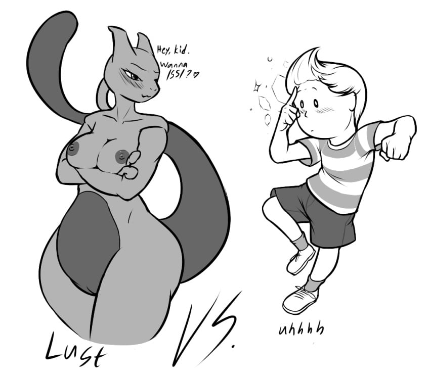 1boy 1girls 2015 big_breasts blonde_hair blush breasts clothed clothing crossed_arms crossover dakkpasserida duo earthbound english_text eyelashes feline female floating furry genderswap hair half-closed_eyes heart human interspecies legendary_pokemon lucas male mammal mewtwo monochrome nintendo nipples nude pokemon pokemon_(species) pussy simple_background size_difference smile spoken_heart standing super_smash_bros. tail telekinesis text tumblr video_games white_background wide_hips