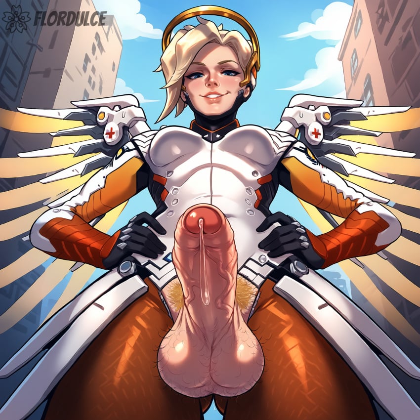 1futa ai_generated angela_ziegler ball_hair balls blizzard_entertainment blonde_hair blue_eyes city clothed clothing erect_penis erection exposed_penis flordulce foreskin from_below futa_only futanari hairy_balls hairy_testicles hands_on_hips mercy mercy_(overwatch) outdoors overwatch penis penis_out precum pubic_hair seductive seductive_look seductive_smile solo_futa standing testicles wings