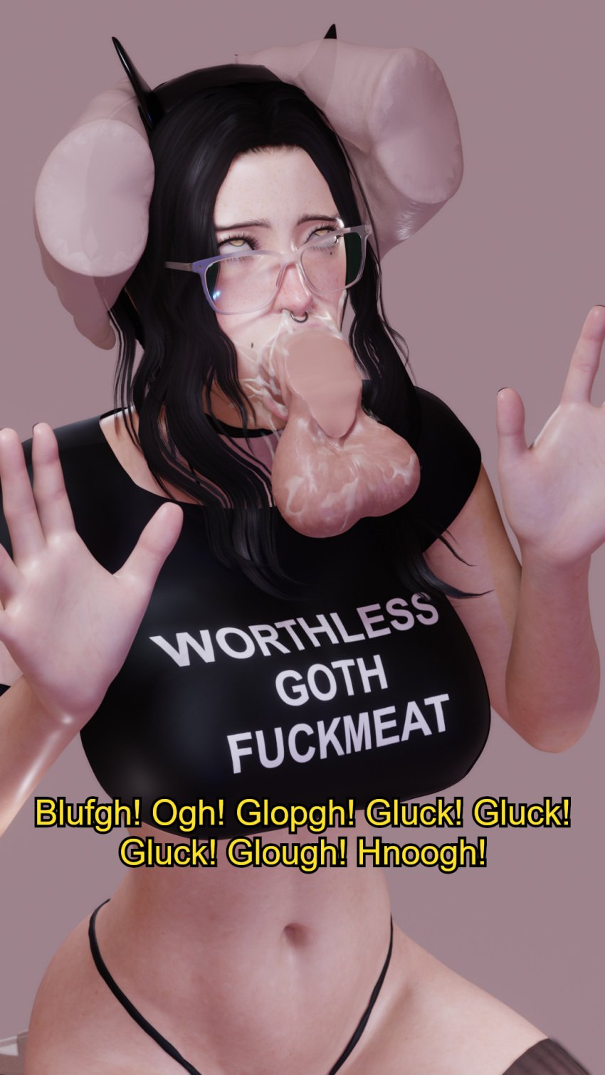 1boy 1girls 3d 3d_(artwork) ahegao annoyed annoyed_expression black_choker black_hair black_headwear black_horns black_nail_polish black_nails black_panties black_shirt blender blender_eevee blowjob captured cat_eyes choker cross_earrings cross_necklace cum cum_in_mouth cum_string deepthroat disembodied_hand disembodied_hands disembodied_penis english_text excessive_cum excessive_genital_fluids excessive_precum eyes_rolling_back female female_only forced forced_oral fully_clothed gagging gagging_noise gagging_on_penis glasses goth grabbed grabbing grabbing_head hair_bun hand_on_head hands_on_head headband helpless horns huge_breasts huge_cock irrumatio lady_x_(osimai) lip_piercing looking_at_viewer middle_finger nail_polish nose_piercing nose_ring original_character osimai panties penis penis_on_mouth precum precum_string rape solo solo_female startled t-shirt text text_on_clothing text_on_shirt text_on_topwear transparent_glasses underboob vampire_teeth wavy_hair