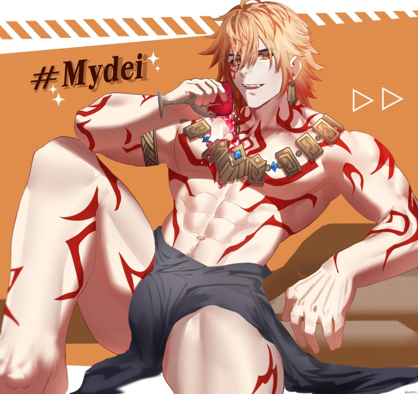 1boy abs arm_tattoo armlet bulge chest_tattoo facial_tattoo gold_earrings gold_necklace honkai:_star_rail kaon7lv leg_tattoo male_only muscles muscular_male mydei_(honkai:_star_rail) neck_tattoo red_tattoo tagme tattoo towel_around_waist