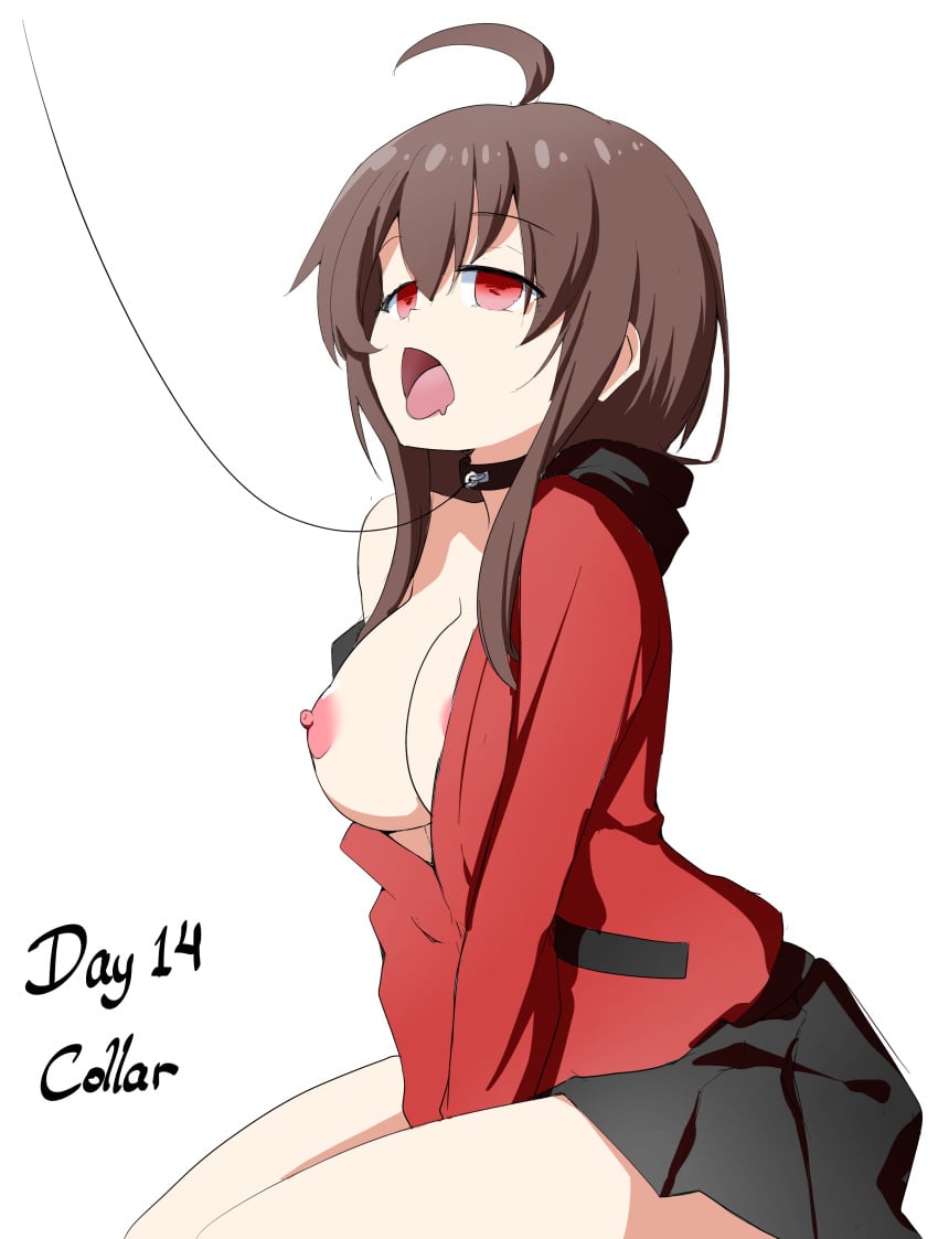 breasts breasts_out brown_hair collar empty_eyes etlabsotwe hypnovember mind_control open_mouth original original_character tongue_out