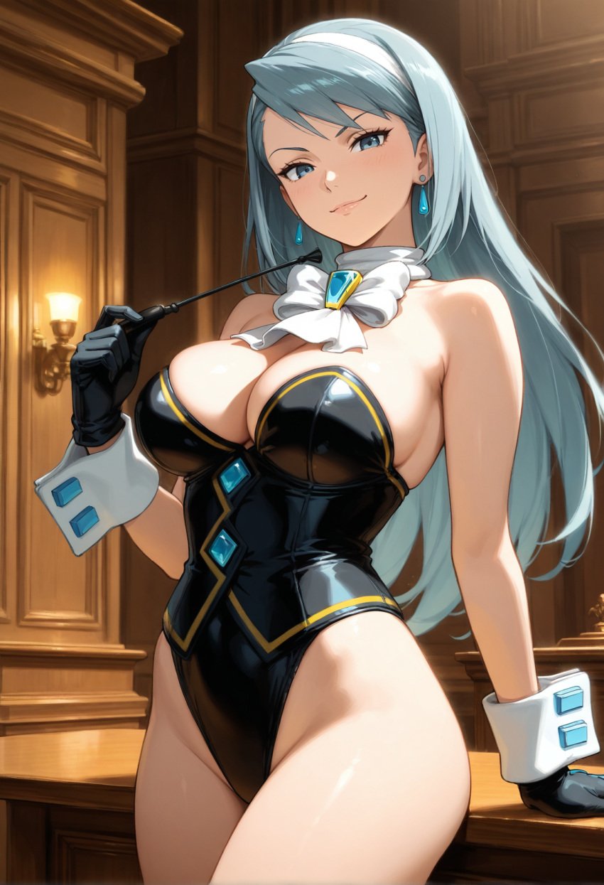 ai_generated arm_support bangs bare_legs bare_shoulders black_gloves black_leotard blue_eyes blue_hair blush bow breasts brooch capcom cleavage closed_mouth courtroom cowboy_shot cranpeach detached_collar earrings female gem gloves gyakuten_saiban hairband highleg highleg_leotard holding holding_whip indoors jewelry karuma_mei large_breasts leotard light_blue_hair long_hair looking_at_viewer riding_crop smile solo strapless strapless_leotard swept_bangs thighs whip white_bow wrist_cuffs