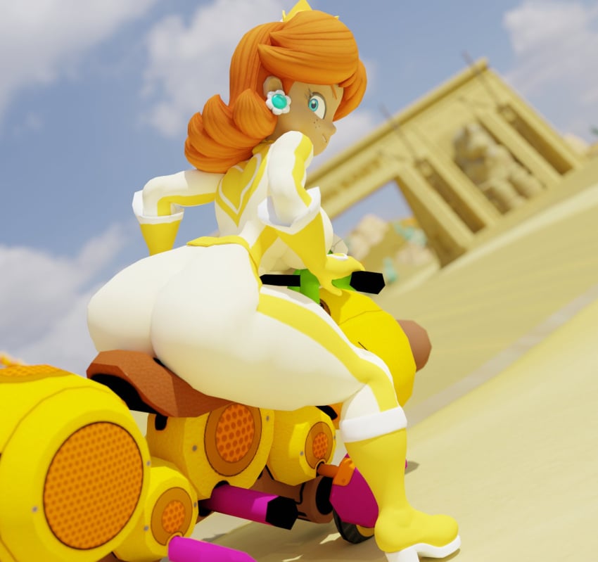 3d ass ass_focus back_view biker_clothes bodysuit bubble_butt large_ass legs legs_up mario_(series) mario_kart orange_hair princess_daisy tan_body thick_thighs thighs vensaku wide_hips