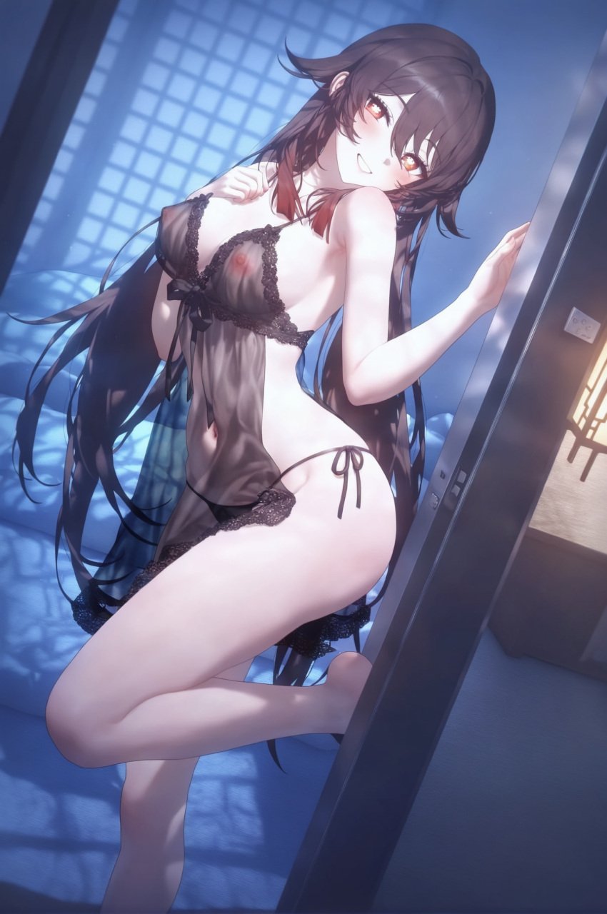 absurd_res ai_generated alternate_breast_size babydoll bare_legs bare_shoulders barefoot black_panties blush breasts brown_hair covered_navel covered_nipples door doorway dutch_angle female flower-shaped_pupils foot_out_of_frame genshin_impact grin hair_between_eyes hand_on_own_chest hu_tao_(genshin_impact) indoors large_breasts leg_up legs lingerie long_hair looking_at_viewer medium_breasts ministro navel negligee night nightgown nipples open_door opening_door panties red_eyes red_hair see-through side-tie_panties sliding_doors smile solo standing standing_on_one_leg string_panties symbol-shaped_pupils thighs twintails underwear underwear_only very_long_hair